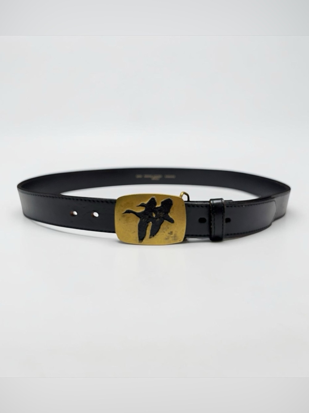 Vintage 70s BTS  Mens Solid Brass Leather Belt‎ Ducks Black Size 42